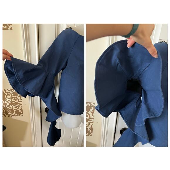 CQ BY CQ Linen Blouse Top Off The Shoulder Ruffle Embellishment 3/4 Sleeve Navy - Picture 4 of 14